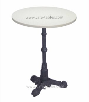 round crystal white quartz top with vintage 3-legged bistro base