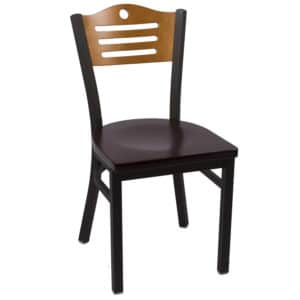 slat back metal frame chair with cherry back and dark walnut seat