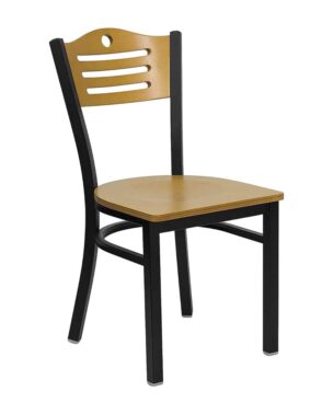 natural slat back steel frame chair with natural wood seat