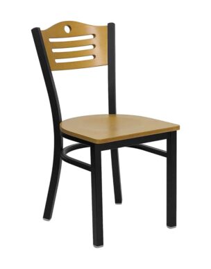 natural slat back steel frame chair with natural wood seat