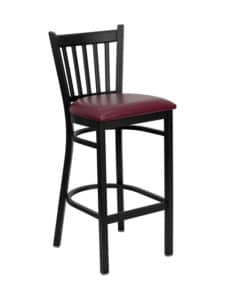 vertical back steel frame bar stool with burgundy padded seat