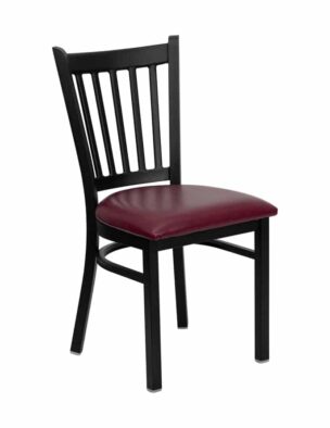 vertical back steel frame chair with burgundy padded seat