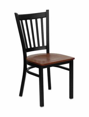 vertical back steel frame chair with cherry wood seat