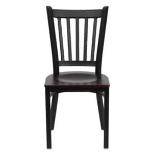 vertical back steel frame chair with mahogany wood seat