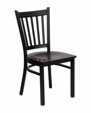 vertical back steel frame chair with mahogany wood seat