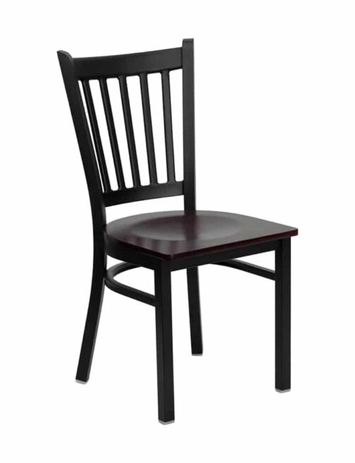 vertical back steel frame chair with mahogany wood seat