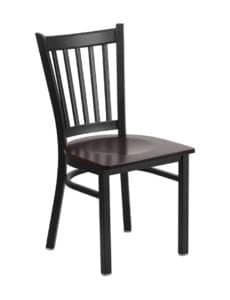 vertical back steel frame chair with walnut wood seat