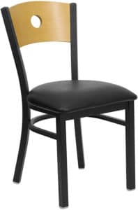 natural circle back metal frame chair with black padded seat