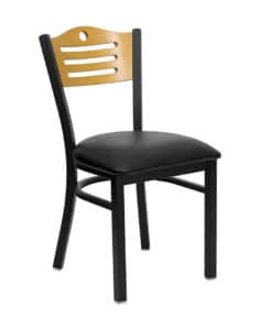slat back steel frame chair with black padded seat
