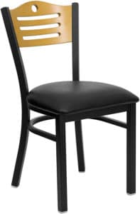 natural slat back metal frame chair with black padded seat