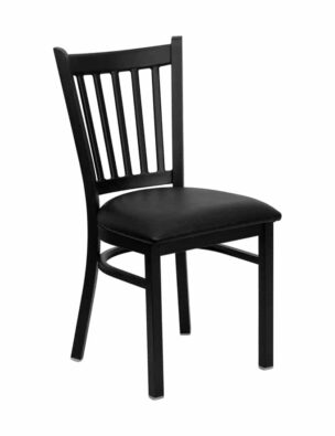 vertical back steel frame chair with black padded seat