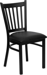 vertical back metal frame chair with black padded seat