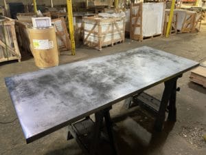 patina zinc table top - dark uniform finish, rolled