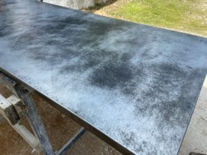 patina zinc table top - dark uniform finish, rolled