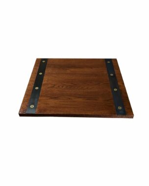 custom metal inlay dark walnut wood table top with dark bands and brass screws