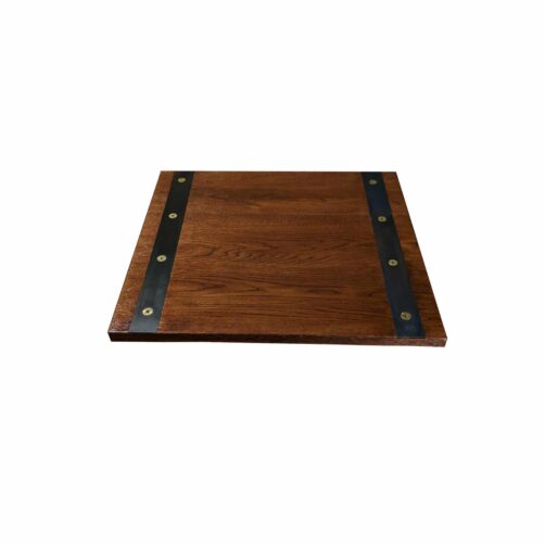 custom metal inlay dark walnut wood table top with dark bands and brass screws