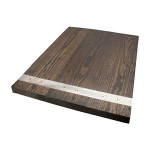 square metal inlay wood table top with brass screws