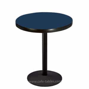 custom round atlantis laminate table top with black disk base at dining height