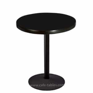 custom round black laminate table top with black disk base at dining height