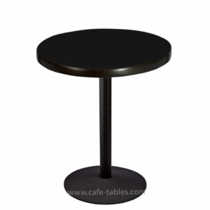 custom round black laminate table top with black disk base at dining height