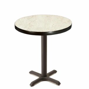 custom round calacatta oro laminate table top with black cross base at dining height