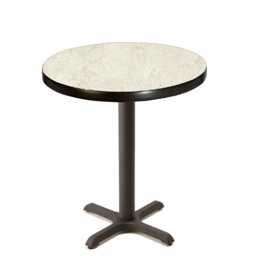 Table Tops: Laminate Tables custom round calacatta oro laminate table top with black cross base at dining height
