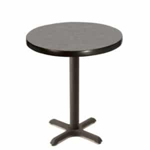 custom round dusk cascade laminate table top with black cross base at dining height