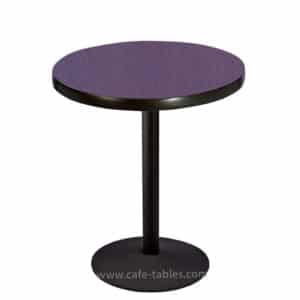 custom round eggplant laminate table top with black disk base at dining height