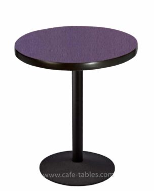 custom round eggplant laminate table top with black disk base at dining height