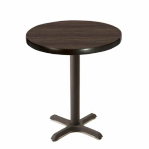 custom round florence walnut laminate table top with black cross base at dining height