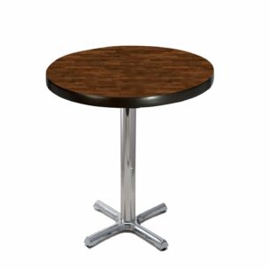 custom round old mill laminate table top with chrome cross base at dining height