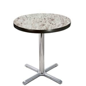 custom round white juparana laminate table top with chrome cross base at dining height