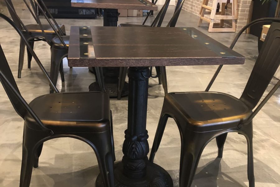 press & grind metal inlay tables with antique gold metal side chairs