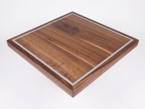 metal inlaid walnut table top, zinc
